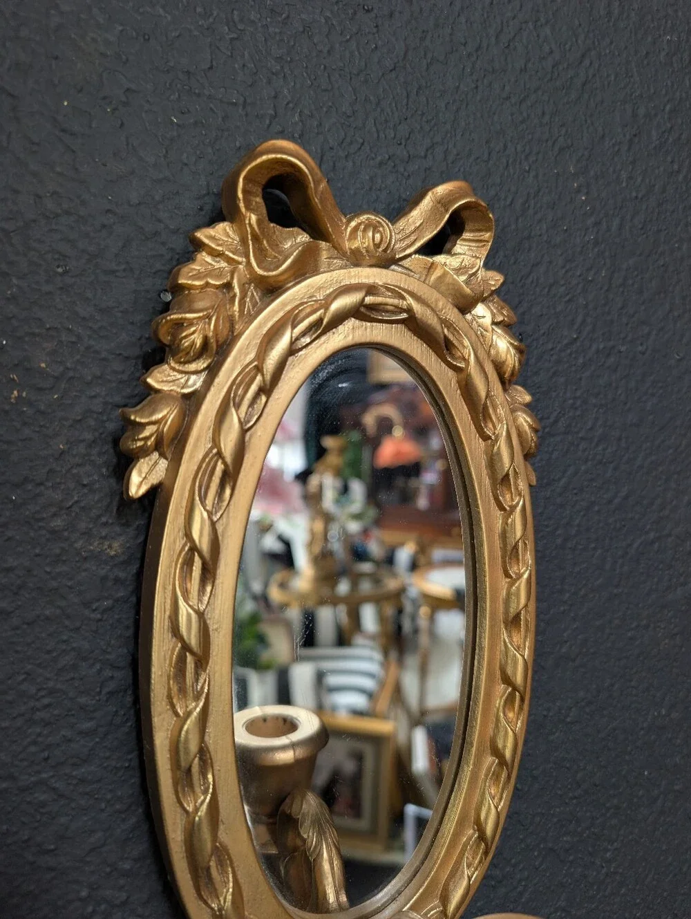 Vintage, set of 2, Hollywood Regency Gold Oval Mirror Sconce - Ornate Bow & Flow